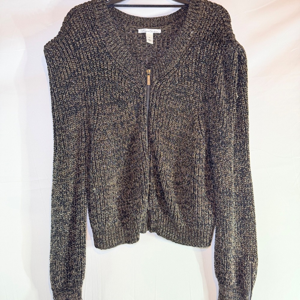 Kenneth Cole New York Womens XL Metallic Bronze Black Chunky Full Zip‎ Cardigan